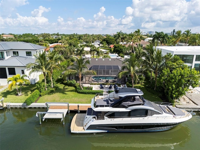 drone / aerial view with a water view