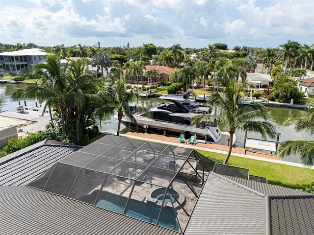 aerial view featuring a water view