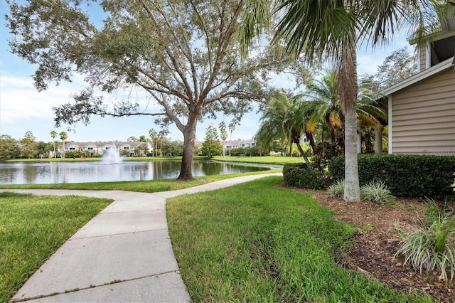 view of community with a water view and a lawn