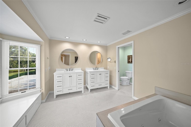 bathroom featuring a tub to relax in, crown molding, vanity, and toilet