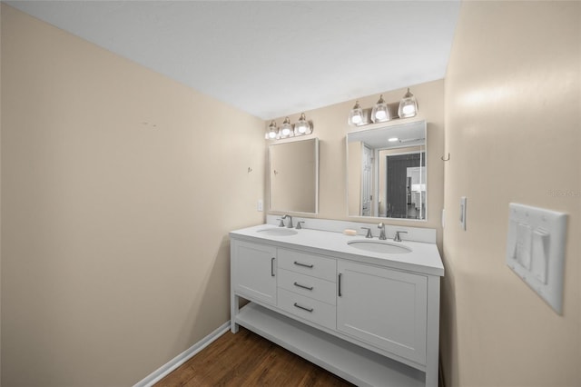 bathroom with wood-type flooring and vanity