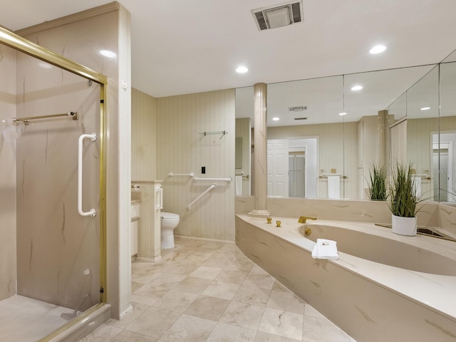 bathroom featuring toilet and shower with separate bathtub