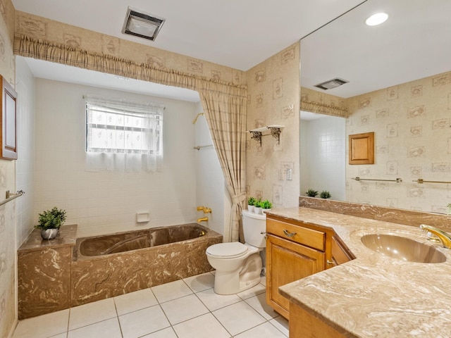 full bathroom featuring tub / shower combination, toilet, tile patterned floors, and vanity