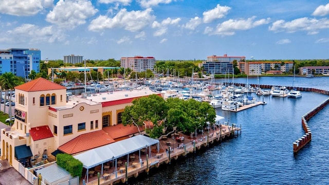 birds eye view of property featuring a water view