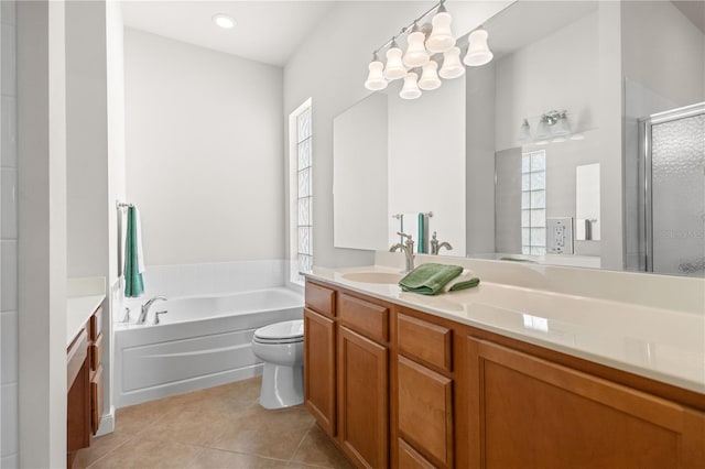 full bathroom with vanity, toilet, independent shower and bath, and tile patterned floors