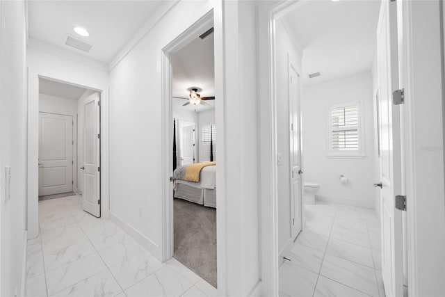 hall with light colored carpet and crown molding