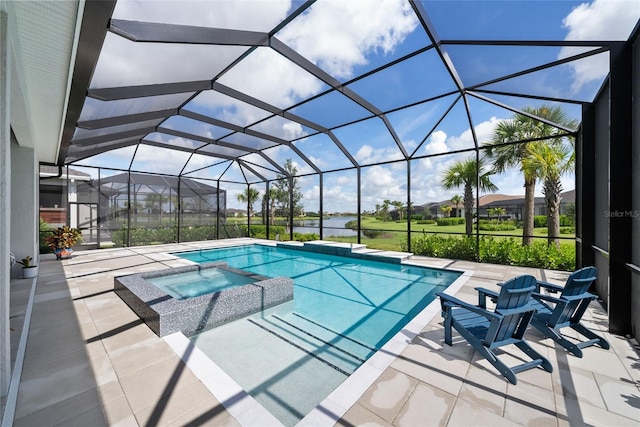 view of swimming pool with an in ground hot tub, a lanai, and a patio area