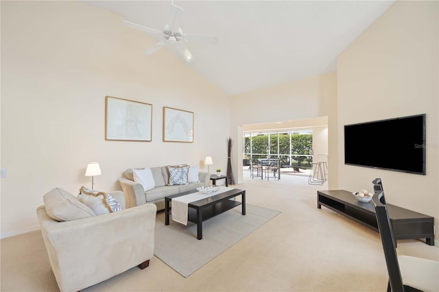 4995 Pepperwood Pl, Venice, FL 34293 - carpeted living area featuring high vaulted ceiling and ceiling fan