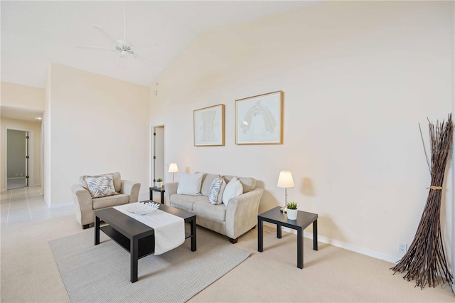 4995 Pepperwood Pl, Venice, FL 34293 - living room with baseboards, high vaulted ceiling, a ceiling fan, and light carpet