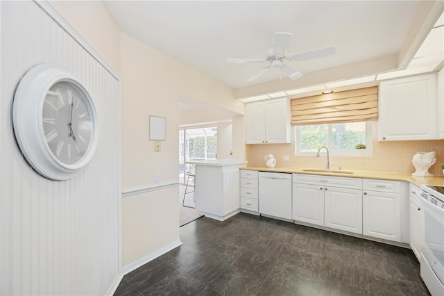 4995 Pepperwood Pl, Venice, FL 34293 - kitchen with white appliances, a ceiling fan, a sink, and a healthy amount of sunlight