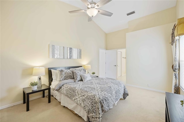4995 Pepperwood Pl, Venice, FL 34293 - carpeted bedroom with a ceiling fan, high vaulted ceiling, baseboards, and visible vents