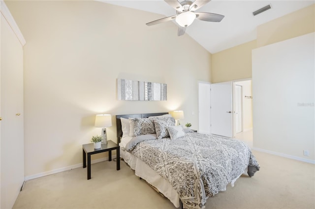 4995 Pepperwood Pl, Venice, FL 34293 - bedroom featuring high vaulted ceiling, baseboards, ceiling fan, visible vents, and light carpet