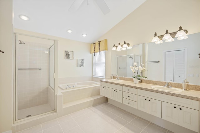 4995 Pepperwood Pl, Venice, FL 34293 - bathroom featuring a shower stall, a bath, tile patterned flooring, and a sink