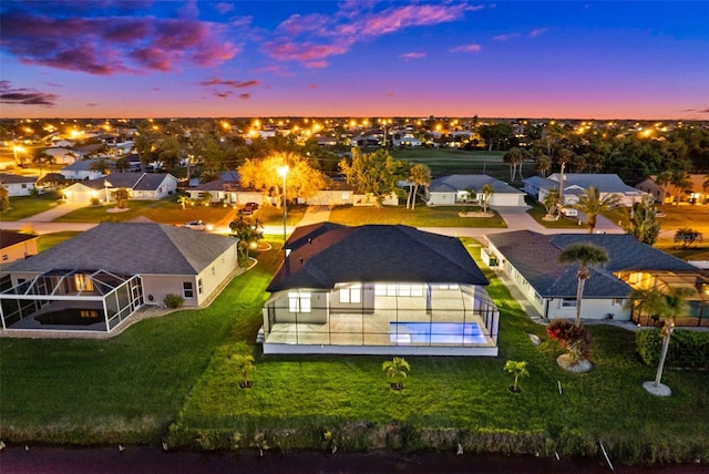 view of aerial view at dusk