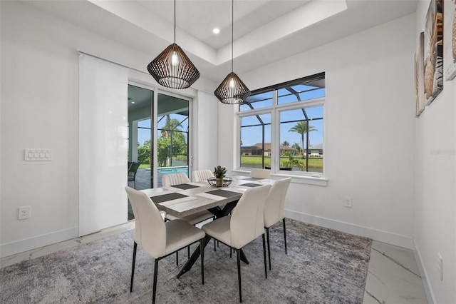 dining space featuring a tray ceiling