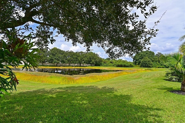 view of property's community featuring a water view and a yard