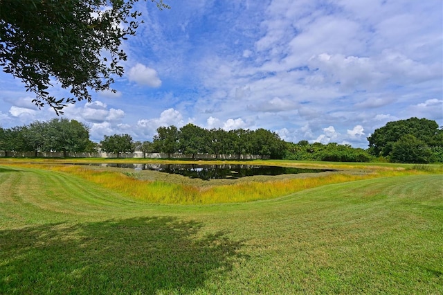 view of community with a yard and a water view