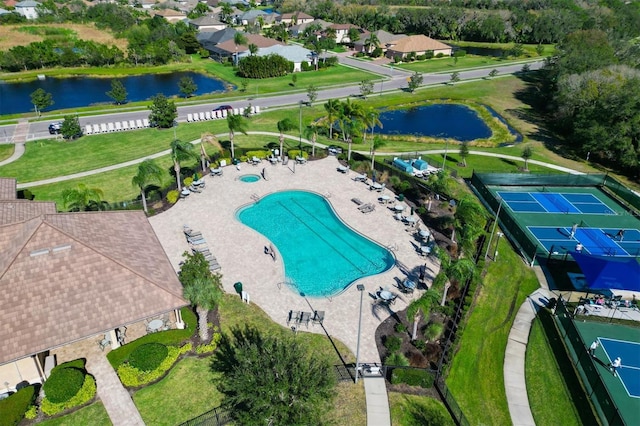 aerial view featuring a water view