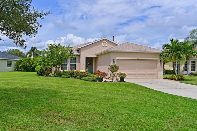 ranch-style home with a garage and a front lawn