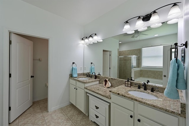 bathroom with tile patterned floors, vanity, separate shower and tub, and ceiling fan