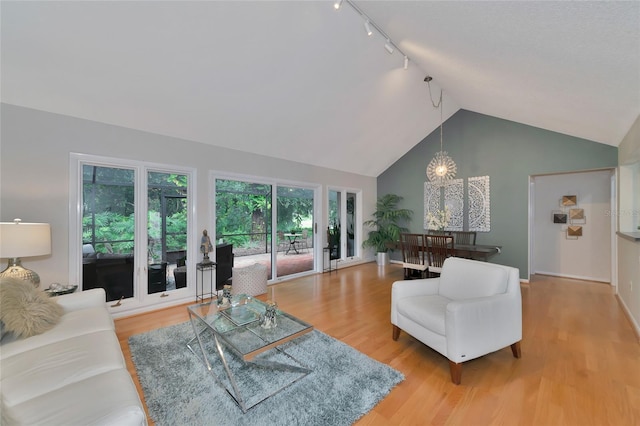 living room with lofted ceiling, hardwood / wood-style flooring, rail lighting, and an inviting chandelier