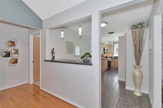 kitchen featuring pendant lighting, lofted ceiling, decorative backsplash, stainless steel appliances, and light hardwood / wood-style flooring