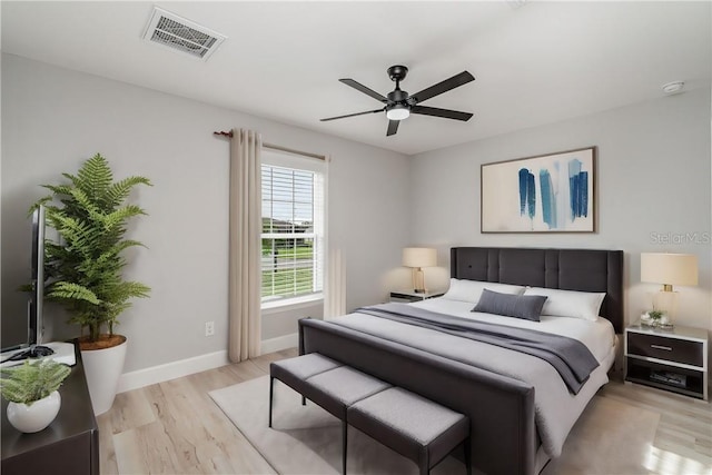 bedroom with ceiling fan and light wood-type flooring