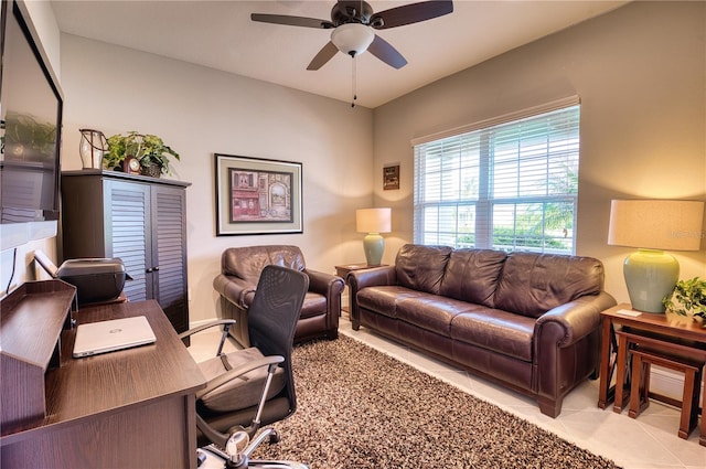 interior space featuring ceiling fan