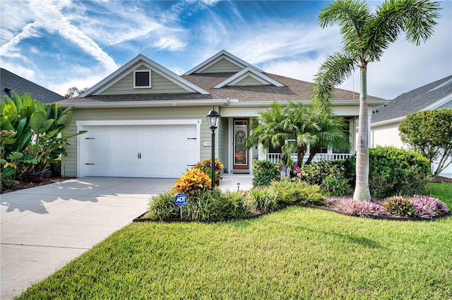 view of front of property with a garage and a front lawn