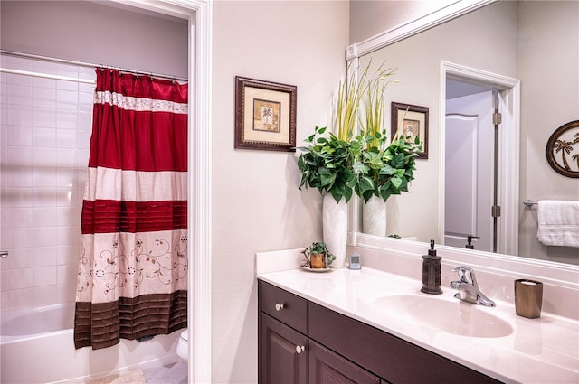 full bathroom with vanity, toilet, and shower / bath combination with curtain