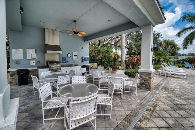 view of patio / terrace with exterior kitchen, grilling area, sink, and ceiling fan