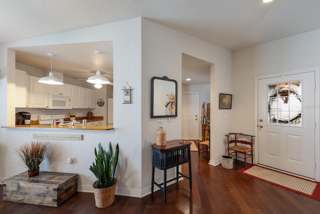 foyer entrance with dark hardwood / wood-style flooring and a textured ceiling