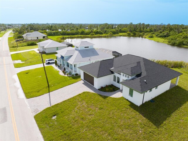 aerial view featuring a water view