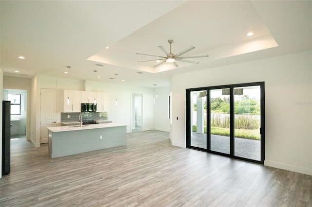 kitchen featuring light wood-type flooring, a raised ceiling, and white cabinets