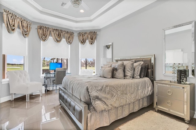 bedroom with ornamental molding and light tile patterned flooring