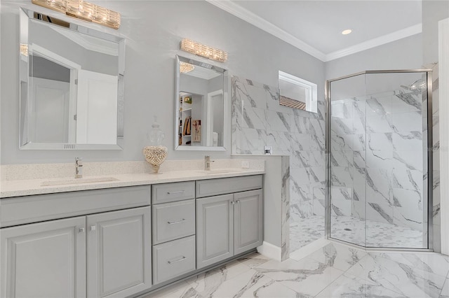 bathroom featuring crown molding, vanity, and tiled shower