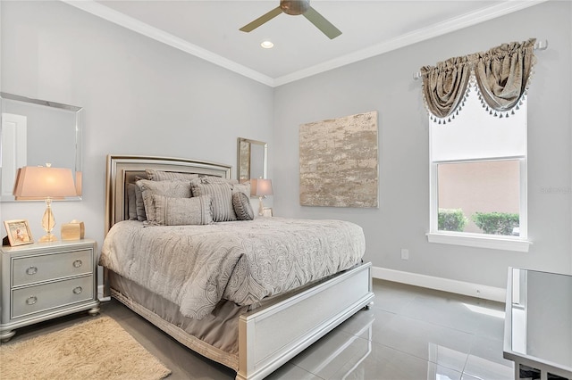 tiled bedroom with crown molding and ceiling fan