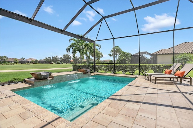 view of swimming pool featuring pool water feature, a patio area, and glass enclosure