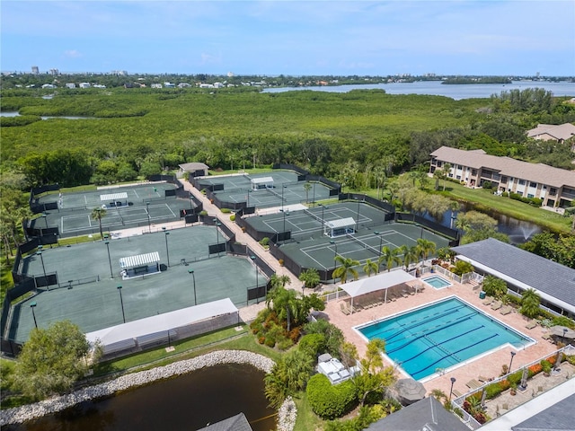 birds eye view of property featuring a water view