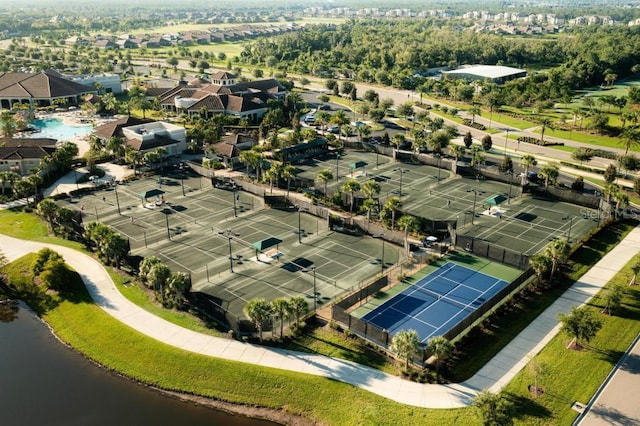 birds eye view of property featuring a water view