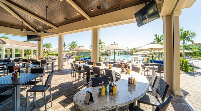 view of patio featuring a gazebo and ceiling fan