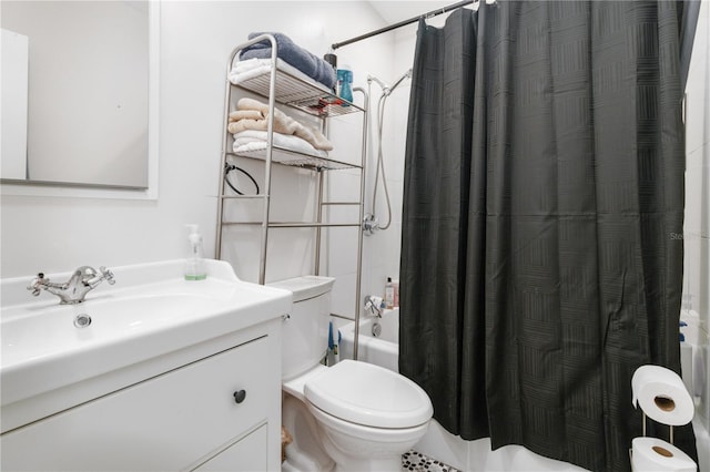 full bathroom featuring vanity, toilet, shower / bath combination with curtain, and tile patterned floors