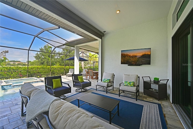 view of patio featuring glass enclosure, a swimming pool with hot tub, and an outdoor hangout area