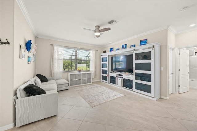 living room featuring ceiling fan, light tile patterned floors, and ornamental molding