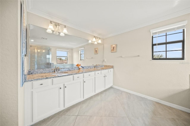 bathroom with ornamental molding, a chandelier, walk in shower, and vanity