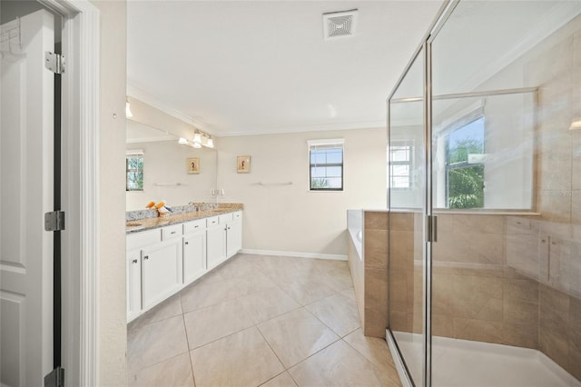 bathroom with ornamental molding, tile patterned flooring, vanity, and separate shower and tub