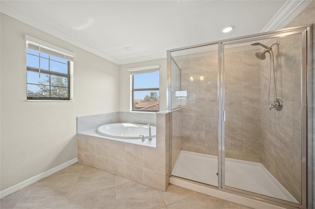 bathroom featuring tile patterned floors, separate shower and tub, crown molding, and a wealth of natural light