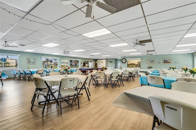 dining room featuring a paneled ceiling, ceiling fan, and light hardwood / wood-style floors