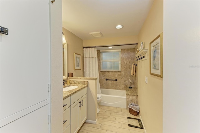 136 Crescent Dr, Anna Maria, FL 34216 - bathroom with wood finish floors, shower / tub combo, vanity, toilet, and recessed lighting