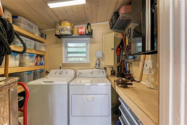 136 Crescent Dr, Anna Maria, FL 34216 - laundry room featuring laundry area, electric panel, independent washer and dryer, wooden ceiling, and ornamental molding